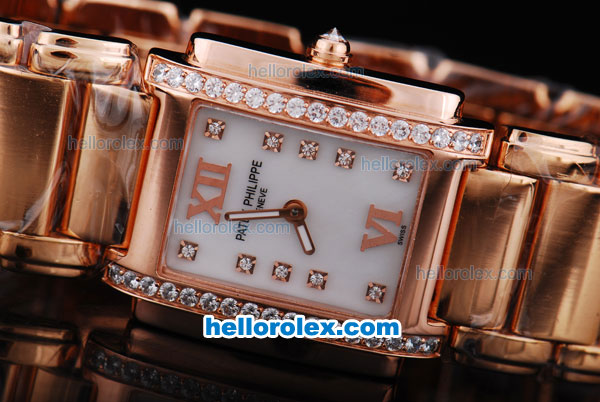 Patek Philippe Quartz Movement Diamond Bezel with White shell Dial and Full Rose Gold --Lady size - Click Image to Close
